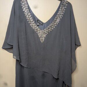 Jkara Slate Blue Mother of the Bride beaded Knee length dress